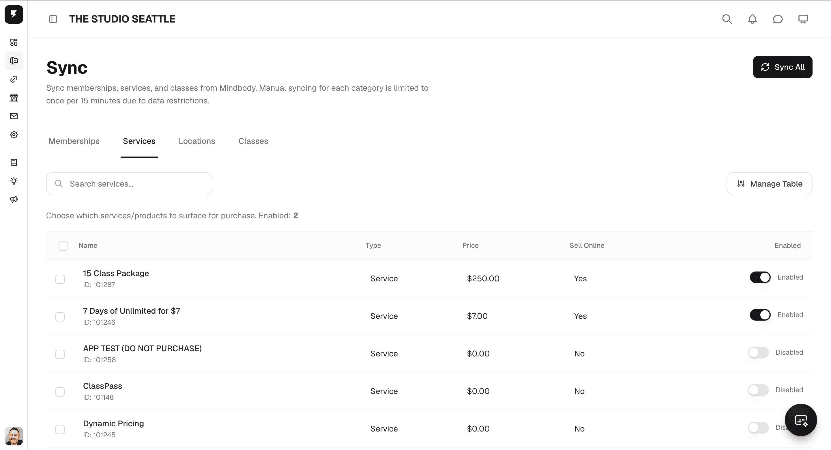 StudioCharge Sync dashboard showing Mindbody catalog and profile sync